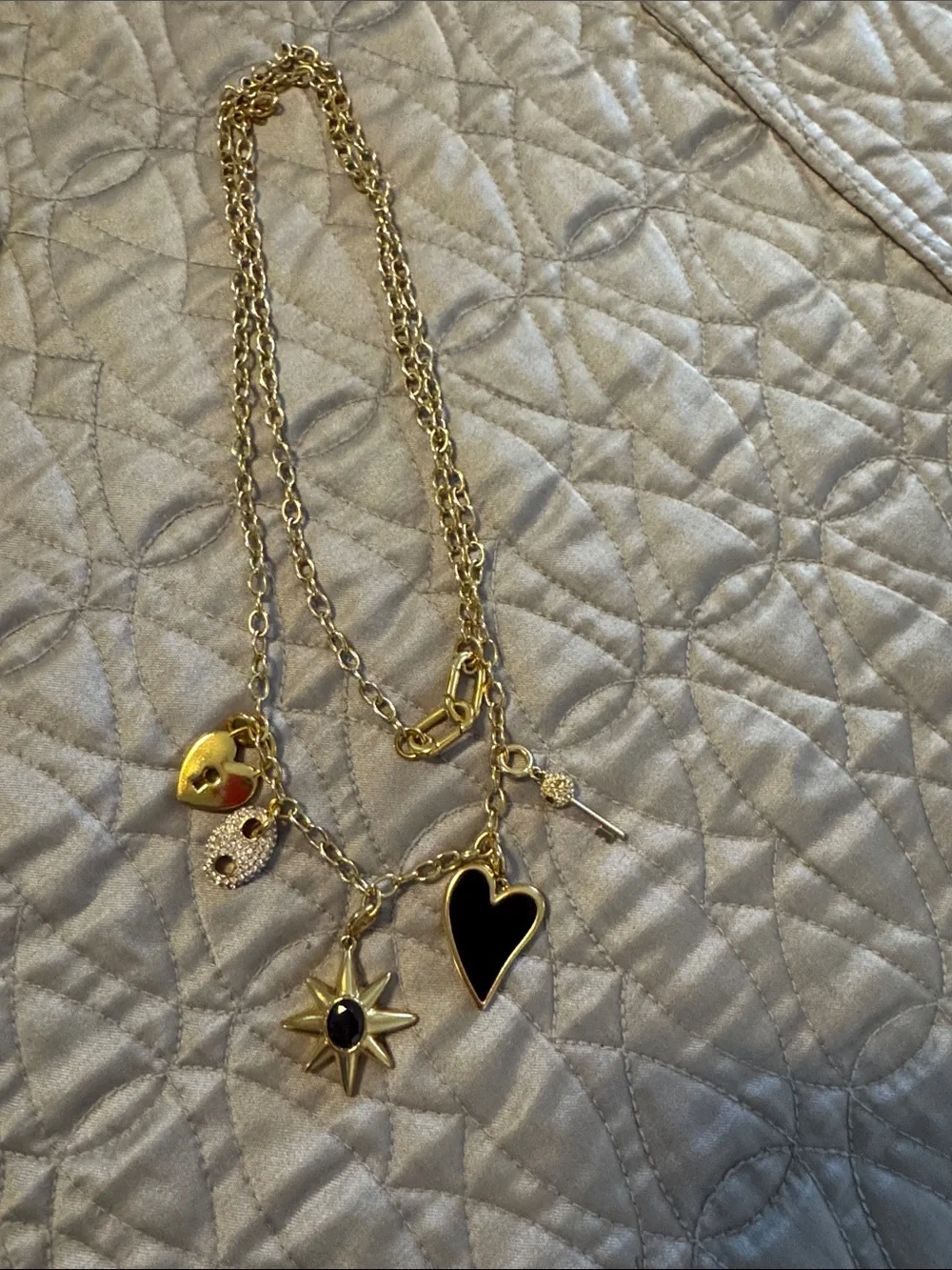 J. Crew Gold Chain Necklace with Black Heart and Star Charms